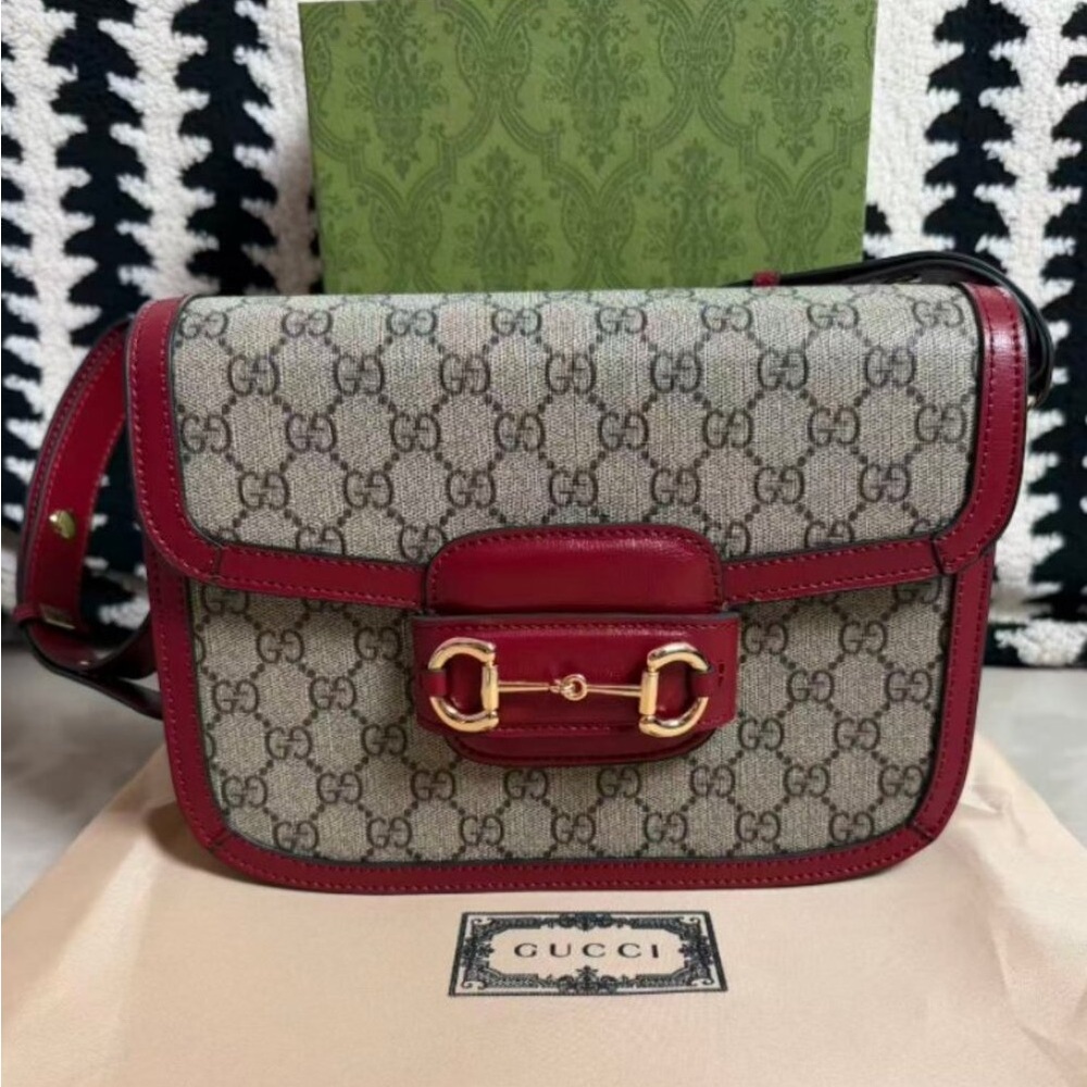 Gucci Classic Red-Trimmed Horsebit Shoulder Bag